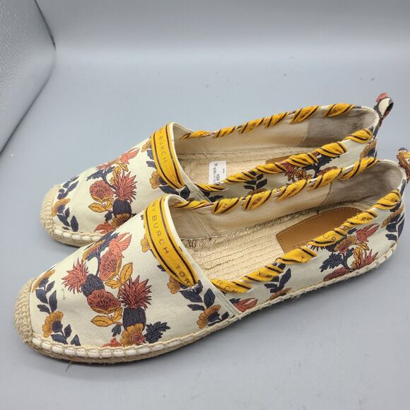 Tory Burch Sz 10.5 Flats Shoe Grosgrain Whipstitch Espadrille Printed Canvas New - Picture 3 of 7